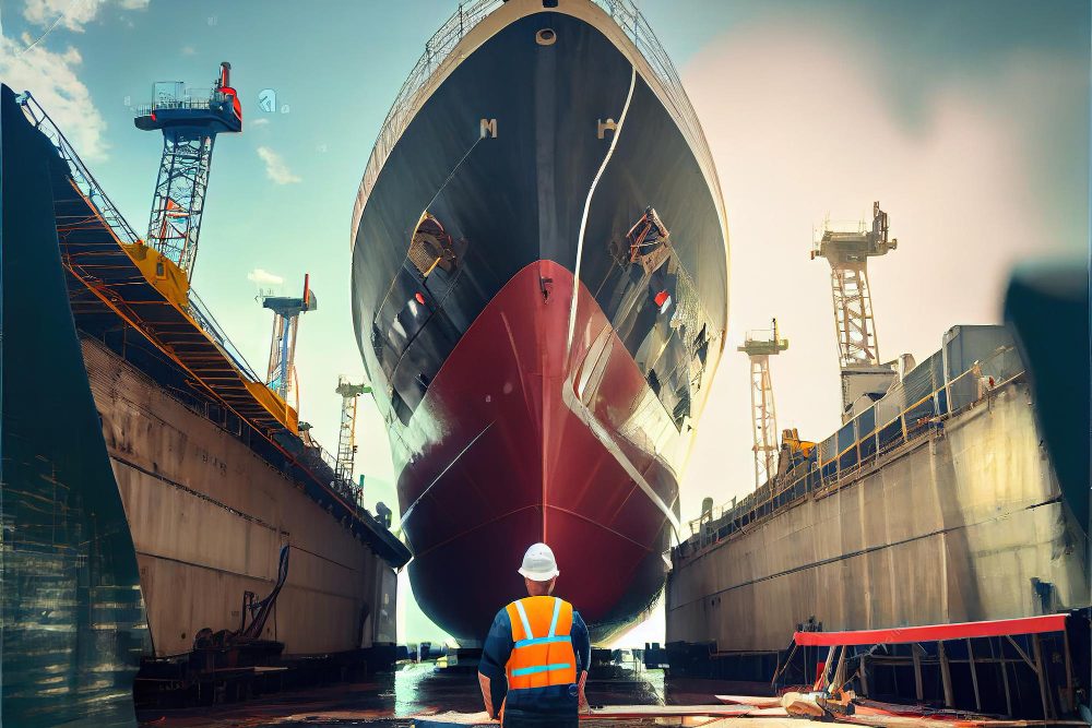 ship being inspected in a shipyard