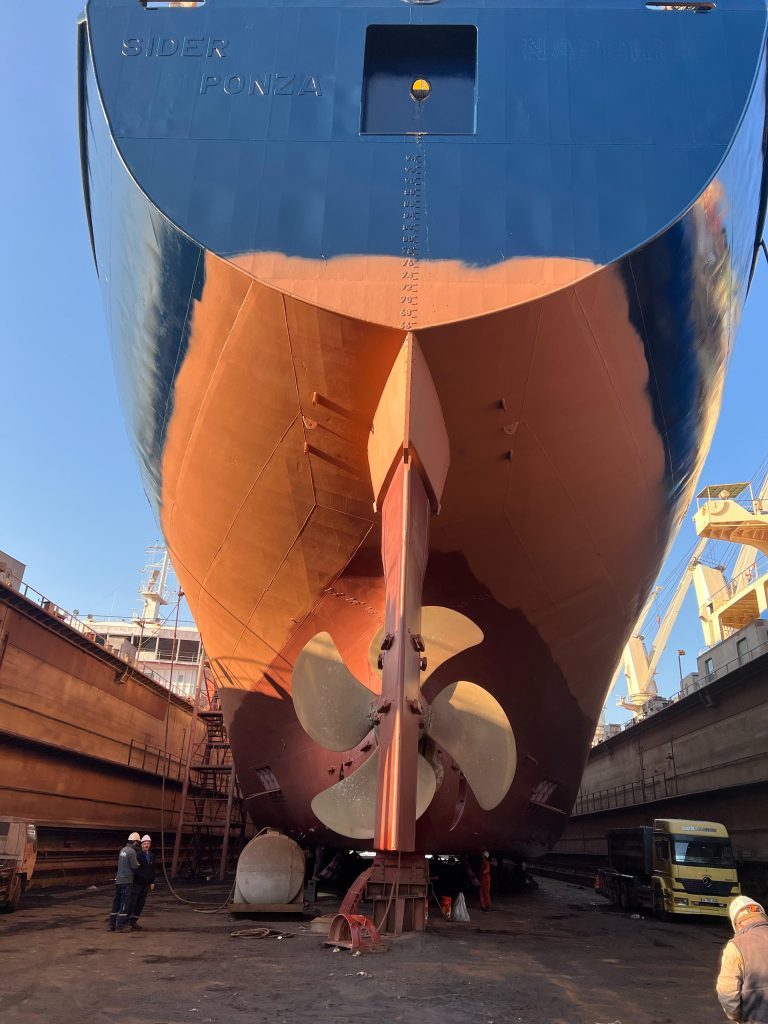 ship in shipyard from behind